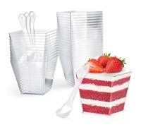 CoKeeSun 60 Pièces Tasses à Dessert avec Cuillères, Verrine Plastique Gobelets à Dessert Carrés 200ml/7oz, pour Pudding, Mousse, CrèMe Glacée, Anniversaire, Mariages