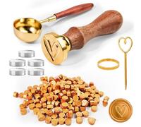 CoKeeSun Lot de 200 perles de cire à cacheter or, joint octogonal, kit avec 5 bougies, cuillère à dissoudre, tampon pour invitation, enveloppes, cartes