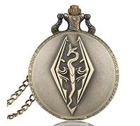 CokinkiDs L'ancien Scrolls Vintage Bronze Copper Skyrim Montre De Poche Hommes Pendentif Rétro Quartz Antique Dragon Montre De Poche Collier avec Chaîne Cadeau