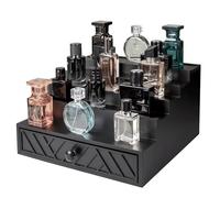 Cokritsm Organisateur de parfum en bois à 5 niveaux avec tiroir caché et intérieur en velours doux - Boîte de rangement de parfum Vanity, Présentoir de parfum avec motif ornemental Noir