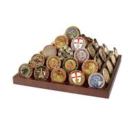 Cokritsm Organisateur de porte-pièces de défi en bois - Vitrine de pièces de monnaie militaire à 5 niveaux, boîte de rangement à 5 rangées pouvant contenir 49 pièces, noyer