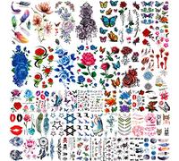 COKTAK 56 Feuilles Coloré Tatouage Ephemere Fleur Rose Femme, Plume 3D Faux Tatouage Temporaire Fille, Tatouage Éphémère Femme Fleurs Cou Visage Tatouage Autocollant Kit Adulte Coller Papillon