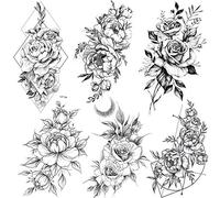 COKTAK 6 Feuilles Tatouages Temporaires éphémère De Grande Fleur Rose Noire Réaliste Femmes Autocollants Géométrique Pivoine Faux imperméable Adultes Fille Sexy Lis de Pêche lys