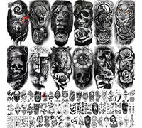 COKTAK 68 Feuilles 3D Tatouages ephemere Homme Femme Adulte, Grand Tribal Lion Guerrier Tigre Loup Fleur Crâne Faux Tatouage Temporaire Autocollants Halloween, Noir Réaliste Tatouage Rose Animaux