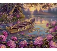 COKYIS Kit Broderie Point de Croix Compté Fleurs de lotus, petit bateau DIY débutant canevas point de croix kit 11CT toile pré-imprimé noel décoration de la maison,40x50cm