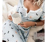 Col carré en dentelle, patchwork, 2 boutons, chemise de nuit courte à manches courtes avec imprimé ours en peluche et nœud, côtelé L,M,S,XL,XXLTricot côtelé