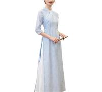 Col en V Style Long Robe Vietnamienne Ao Dai Manches 7 Minutes, Robe Vietnam for Femme Ao Dai Mariage Robe de Soirée, Qipao Quotidien Cheongsam Robe Chinoise(L)