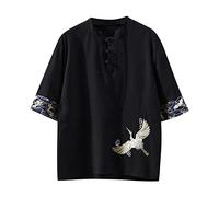 Col vintage coton manches courtes chemise hommes tang vêtements plaque boucle décontracté hommes respirant hauts chemise brodée homme, Noir , 5XL