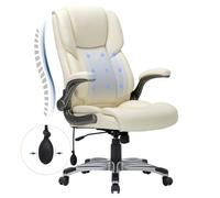 COLAMY Chaise de Bureau à Dossier Haut, Ergonomique, pivotante, en Cuir, avec accoudoirs pliants rembourrés, Fermeture d'inclinaison réglable, pour Adultes, Ivoire