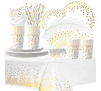 COLANANA Vaisselle de Fête Anniversaire Enfant,Or Blanc Anniversaire Vaisselle Set Avec Assiette Nappe Tasses Serviettes Papier Pailles pour Baby Shower Anniversaire Mariage Party(16 invités)