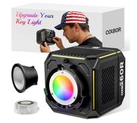Colbor Lampe vidéo LED 60 W, lumière COB RGBCW portable avec batterie intégrée 59 Wh, bicolore 2700 K-6500 K et couleur, IRC 96+, contrôle par application, prise en charge de l'alimentation PD/DC
