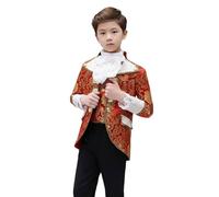 Colcolo Costume de Scène Garçon Chic Ensemble -classique Veste Brodée Gilet Pantalon Cravate Col Dentelé Polyester Adapté Pièce Théâtre Anniversaire Bal Costumé, Rouge, 140CM