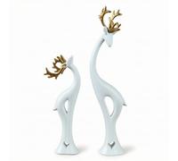 Colcolo Décor de Mariage Figurines Couple de Cerfs Statuettes Animaux Sculptures Résine Finition Lisse avec Détails Contemporains et Accents Dorés, Blanc