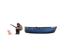 Colcolo Miniature Scène de Pêche Bateau Figurine Décor Résine Artisanale Pêcheur Chien Accompagné Adapté pour Collection Exposition Bureau Décoration 1/64