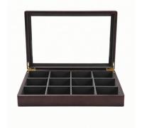 Colcolo Plateau Présentoir Bijoux Boîte Vitrine Organiseur Coffret avec Couvercle Verre et 12 Compartiments en Bois et Microfibre pour Protection sans, Gris Foncé, Douze Compartiments