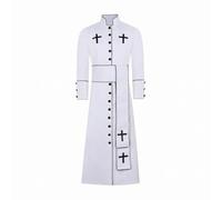 Colcolo Robe de Clergé Cosplay Longue à Col Fermeture Devant Boutonnée avec Passepoil Contraste et Croix Appliquée en Mélange de Coton Coupe Droite Équilibrée, Blanc, L