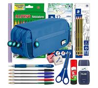 ColePack BitsBobs - Ensemble de Trousse Scolaire Triple avec 3 Fermetures Éclair et Fournitures Scolaires de Grandes Marques Incluses (Blue)