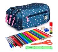 ColePack Design - Trousse triple avec 3 fermetures éclair et matériel scolaire des premières marques inclus, Cœurs, scolaire