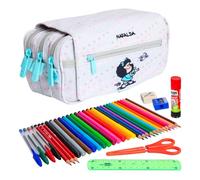 ColePack Design - Trousse triple avec 3 fermetures éclair et matériel scolaire des premières marques inclus, Mfbird, scolaire