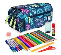 ColePack Design - Trousse triple avec 3 fermetures éclair et matériel scolaire des premières marques inclus, plage, Sacs scolaires
