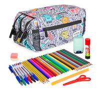 ColePack Design - Trousse triple avec 3 fermetures éclair et matériel scolaire des premières marques inclus, Hasard, Sacs scolaires