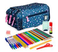 ColePack Design - Trousse triple avec 3 fermetures éclair et matériel scolaire des premières marques inclus, Cœurs, Sacs scolaires