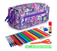 ColePack Design - Trousse triple avec 3 fermetures éclair et matériel scolaire des premières marques inclus, manche, scolaire