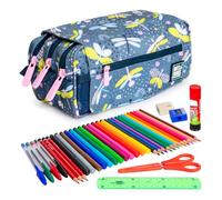 ColePack Design - Trousse triple avec 3 fermetures éclair et matériel scolaire des premières marques inclus, Libellule, scolaire