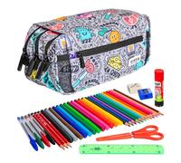 ColePack Design - Trousse triple avec 3 fermetures éclair et matériel scolaire des premières marques inclus, Hasard, scolaire