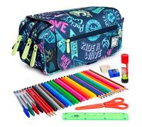 ColePack Design - Trousse triple avec 3 fermetures éclair et matériel scolaire des premières marques inclus, plage, scolaire