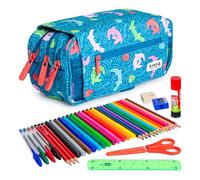 ColePack Design - Trousse triple avec 3 fermetures éclair et matériel scolaire des premières marques inclus, Alligator, scolaire