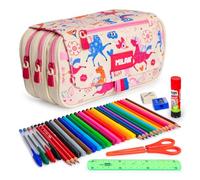 ColePack Eco Trousse triple avec 3 fermetures éclair et matériel scolaire de première marque inclus, Flowicorn, Moderne