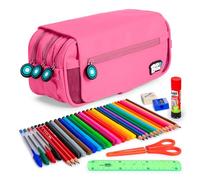 ColePack EcoBobs - Trousse triple avec 3 fermetures éclair et matériel scolaire de premières marques inclus (rose)