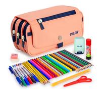 ColePack Pro - Trousse triple avec 4 fermetures éclair et matériel scolaire de première marque inclus, Rose 1918, Sacs scolaires