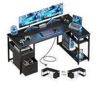 Coleshome Bureau d'angle avec Tiroirs en Tissu, 140x80cm, Noir | Bureau Gaming Réversible avec étagère réglable, tiroirs tissu et prises USB pour créer un espace gaming ou bureau organisé.
