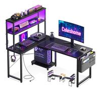 Coleshome Bureau Gaming Angle avec LED et Prises, 110 × 80 cm Bureau Gaming Réversible avec Étagères, Table en L avec Sac de Rangement et Crochet pour Le Travail à Domicile et Gaming, Noir