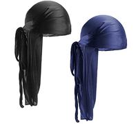 Colexy 2 PCS Silky Durag Unisexe Bonnet Chapeau Durag pour Hommes Femmes Bonnet Respirant Doux Bandana Wave Cap Durag Turban Head Headwraps avec Long Tail et Wide Straps