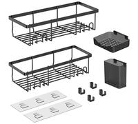 Colexy Etagere Douche Sans Percage,4 PCS Etagere Salle de Bain,Porte Shampoing Douche Noir,Accessoire Salle de Bain Antirouille,avec 4 Crochets et 2 Patchs,pour Salle de Bain,Cuisine,Chambre
