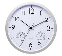 Colexy Horloge Murale Radio-pilotée, avec Thermomètre Et Hygromètre, Cadre en Acier Inoxydable, Horloge Murale Design Moderne, Pendule Murale Aluminium pour Salon/Cuisine/Bureau, Blanc