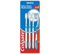 Colgate, Brosse à Dents Souple Extra Clean, Multi Action, Lot de 4 | Brosse à dent manuelle, Brins circulaires anti-taches, Nettoyeur de joues et langue intégré pour une bouche saine