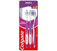 Colgate, Brosse à Dents Souple ZigZag, Nettoyage Interdentaire, Lot de 3 | Brosse à dent manuelle, Brins entrecroisés et antibactériens, Brosse-langue doux pour éliminer la mauvaise haleine