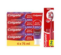 Colgate - Dentifrice Max White Purple - 4x75ml + Duo Brosse à dent Ultra | Blanchiment dentaire| Révèle des dents plus blanches instantanément* | Dentifrice menthe au fluor | Haleine fraîche