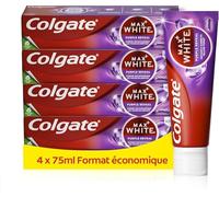 Colgate Max White Purple Reveal Blanchiment dentaire| Révèle des dents plus blanches instantanément* | Dentifrice menthe au fluor | Haleine fraîche | 4 X 75 ml