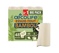 œcolife Lot de 48 rouleaux d'essuie-tout en bambou - 45 feuilles par rouleau - 3 couches - Cellulose de bambou non blanchi aux propriétés antibactériennes