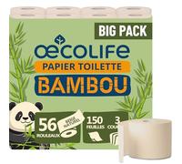 œcolife Lot de 56 rouleaux de papier toilette en bambou, 3 couches, 56 x 150 feuilles, super doux, végétalien, durable, emballage 60% PCR