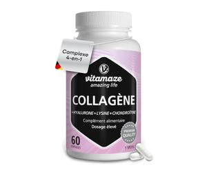 Collagene Complex pour les Articulations avec Acide Hyaluronique, Chondroïtine et Lysine - Premium Dosage pour la santé du Cartilage - 60 Géules Dosage pour 1 Mois - 600 mg Pur de Collagen - Vitamaze