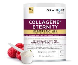 COLLAGENE +ETERNITY - GRANIONS Collagène N°1 en Pharmacies - Réduction Des Rides - Collagene Marin Poudre 15g - Collagene et Acide Hyaluronique -Coenzyme Q10- Goût Framboise 343g
