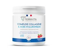 Collagène Marin Peptan + Acide Hyaluronique 200mg + Vit C | Hydratation, Fermeté et Éclat de la Peau | Réduction des Rides Démontrée | 233g de Poudre Goût Framboise | Filière Française | Terravita