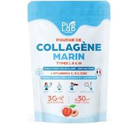 Collagène Marin (poudre) Types 1 2 3 + Vitamines C & E + Zinc, 30 portions, Peau & Articulations, Hydrolysé & Sans saveur, Peptides en Poudre, Fabriqué en France (30 portions, Pêche)