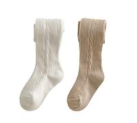 Collants Enfants Filles Coton Lot De 2, Collants Legging à Pieds Pour Enfants, Respirant Absorbe La Sueur Noeud Collants Oreilles De Tricot Latéral (Blanc + Kaki,XXL)